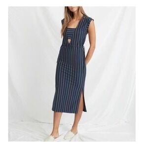Marine Layer Midi Roxanne Dress Navy Blue Striped Drawstring Waist Slit Sz S